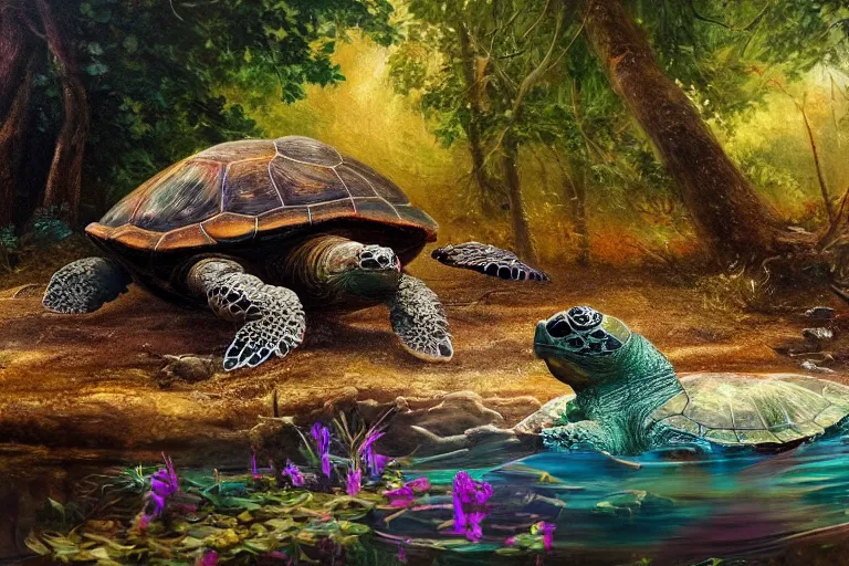 Image similar to highly detailed oil painting of a turtle man sitting in a steaming colorful hotspring with woodland forest backdrop, featured on artstation