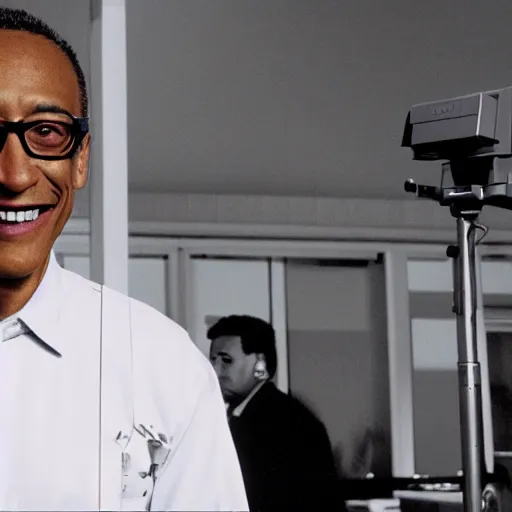 Image similar to gus fring smiling and holding a chicken nugget, security camera night footage, infrared