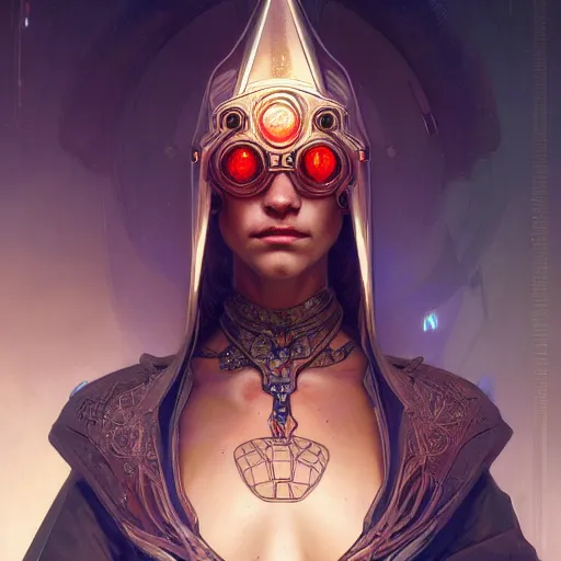 Prompt: cyberpunk conehead, fantasy, d & d, intricate, detailed, by by alphonse mucha, adolfo hohenstein, alice russell glenny, stanley artgerm lau, greg rutkowski, detailed, trending on artstation, trending on artstation, smooth