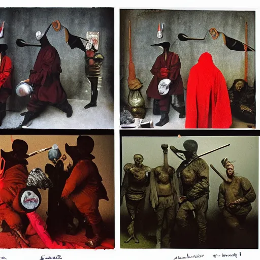 Image similar to 1 9 9 3 disposable camera color photo of a modern gang of plague doctors in the style of jan saudek, annie liebovitz, pieter bruegel the elder, joel peter witkin, gustave dore, heironymus bosch