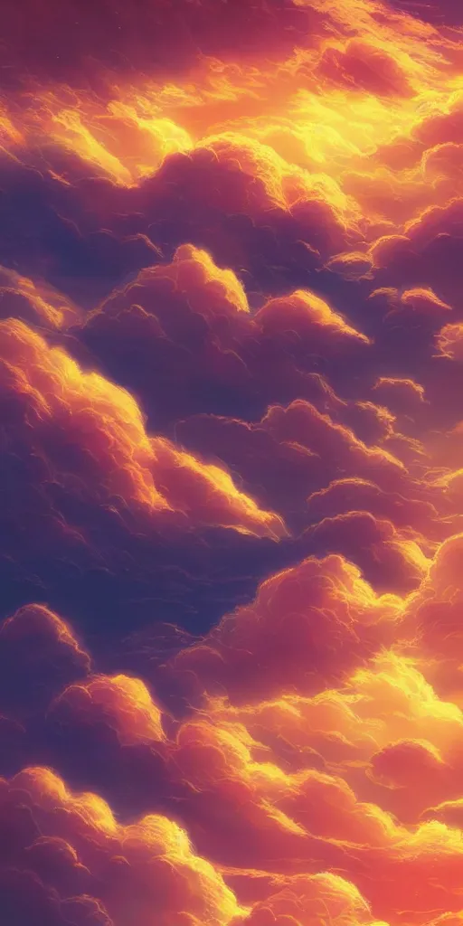 Image similar to A beautiful illustration of beautiful burning cloud in the evening sky, breathtaking clouds, The cloud is ethereal and mystical, and it seems to be glowing from within, buildings, trees, birds, black, dark, pink, red, orange, wide angle, by makoto shinkai, Wu daozi, very detailed, deviantart, 8k vertical wallpaper, tropical, colorful, airy, anime illustration, anime nature wallpap