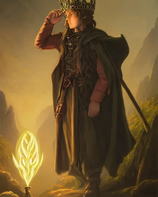 Prompt: A halfling wild magic sorcerer. He is wearing a cloak with glowing runes on it and a crown. He is frowning seriously. He is preparing to cast a spell to banish the old gods. He is standing in spell circle. Award winning realistic oil painting by Thomas Cole and Wayne Barlowe