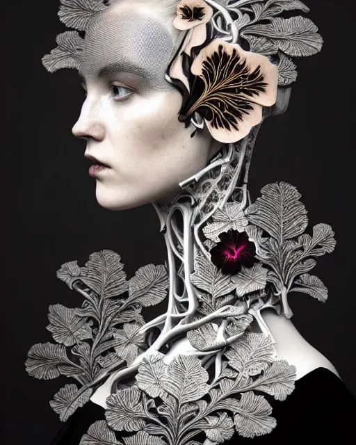 Prompt: monochrome profile portrait painting, dutch masters, silver lace floral steampunk biomechanical beautiful young female cyborg with one techno eye, volumetric light, leaves foliage and stems, hibiscus flowers, sinuous fine roots, fine foliage lace, alexander mcqueen, rim light, big gothic fashion floral pearl embroidered collar, 8 k