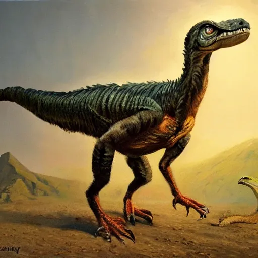 Image similar to oil painting of a velociraptor on canvas, by James gurney, realism, warm lighting, award winning, high detail, professional, volumetric lighting