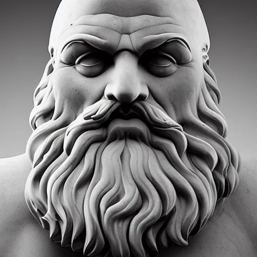 Prompt: epic greek marble statue of a grumpy bald man with a long beard, photo, chiaroscuro
