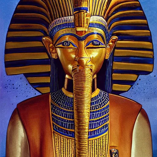 Image similar to the annunaki have returned to egypt wearing space suits that look like egyptian pharoah head - dresses and breathing hoses that look like elephant trunks - alien - looking, futuristic, detailed, photo - realism - by bob ross