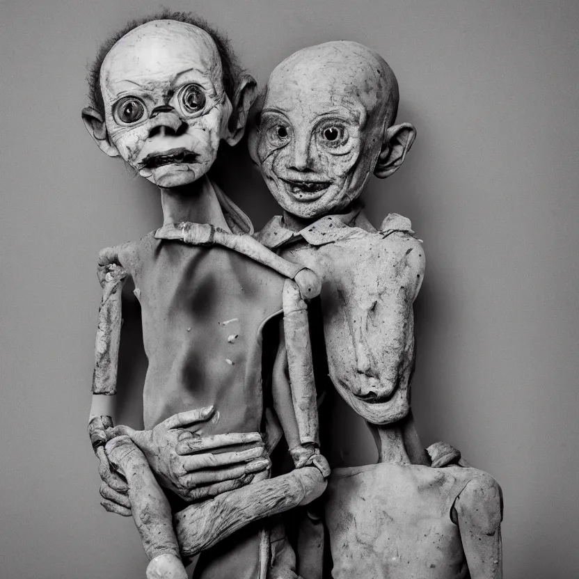 Image similar to creepy ventriloqiest dummy in the style of Roger Ballen, 4k, bw, portrait