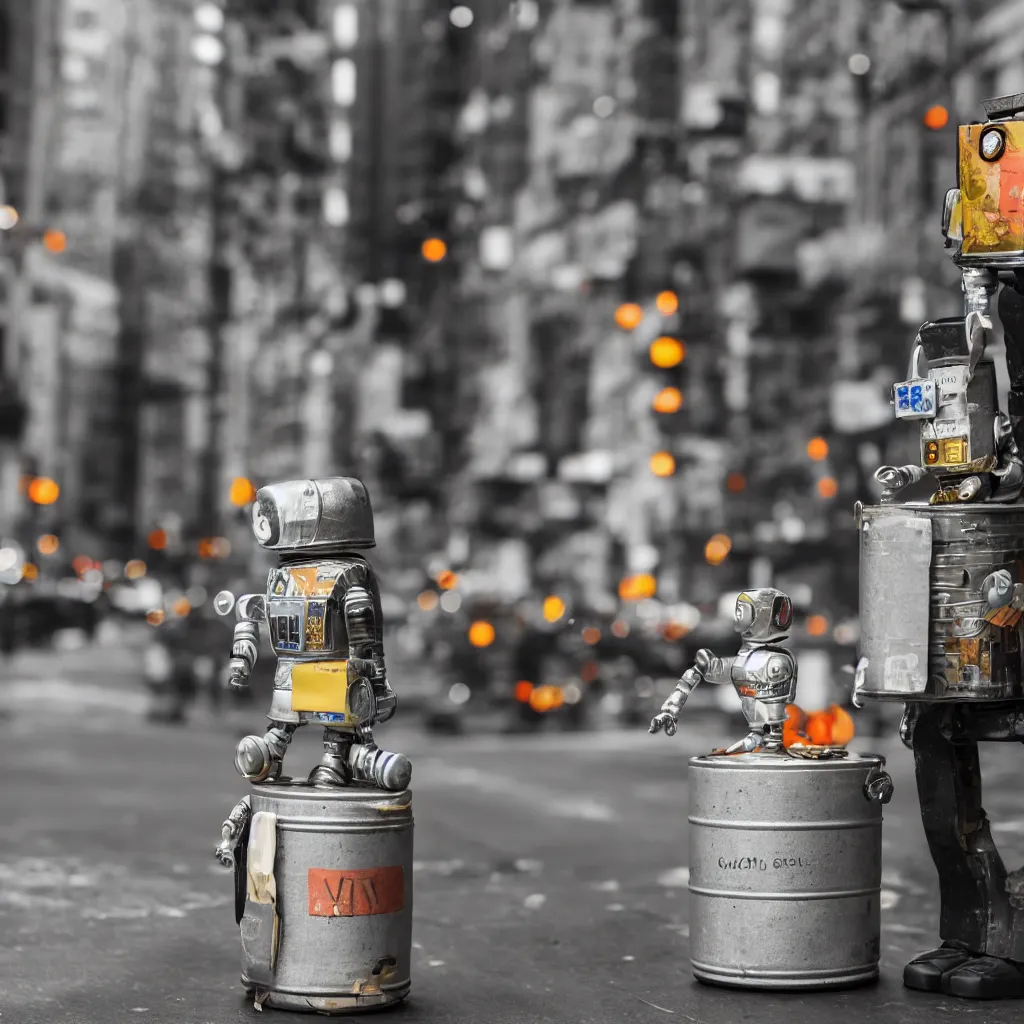 Image similar to a tin can robot with luggage in new york, Carl Zeiss 85mm lens, bokeh