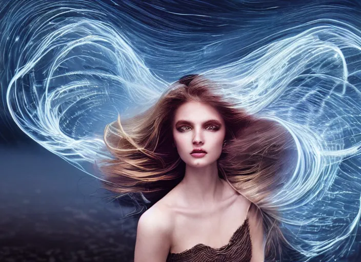 Prompt: an elegant goddess with luminous hair, flowing lightpainting swirling around her, highly detailed, ultrafine hyperrealistic detailed face, photorealistic, surrounded by lake, reflections, smooth, sharp focus, ultrawide, art by irakli nadar and lindsay adler and dani olivier and michael bosanko