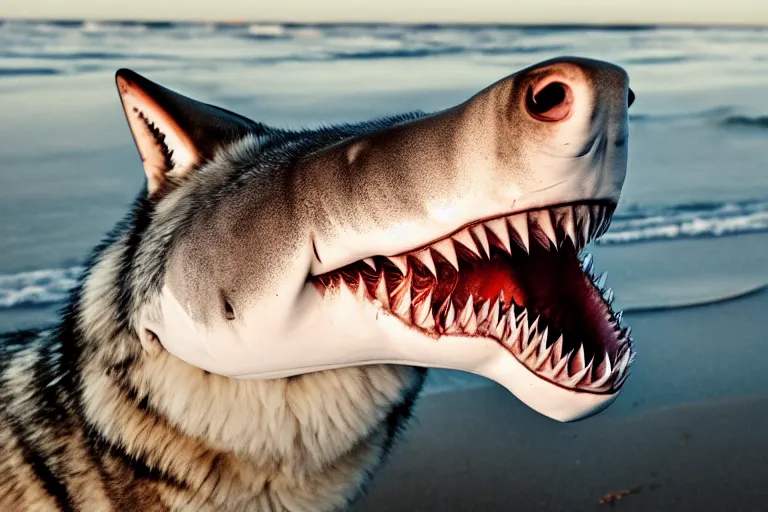 Prompt: professional photo of a shark body and canine wolf muzzle head half wolf half shark strange chimera discovered on the beach