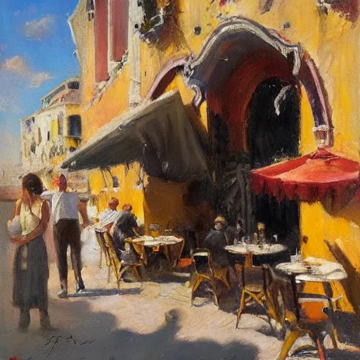 Image similar to italian restaurant in venice, sunny, shadows, richard schmid