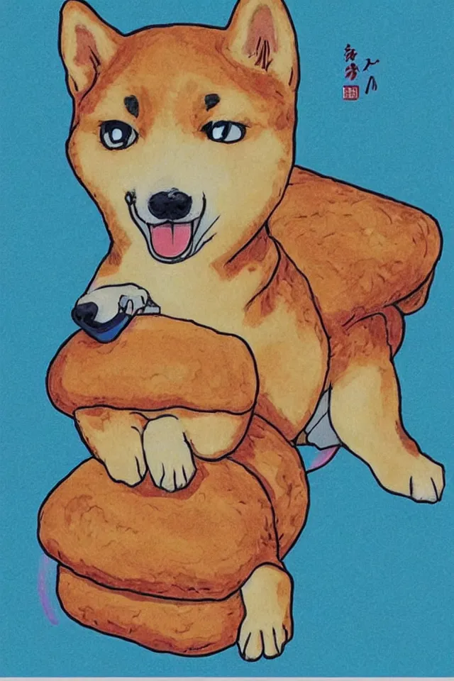 Image similar to a portrait of a shiba inu as a loaf of bread, in the art style of 8 0 s anime, japanese city pop color palette, naoko takeuchi, hajime yatate