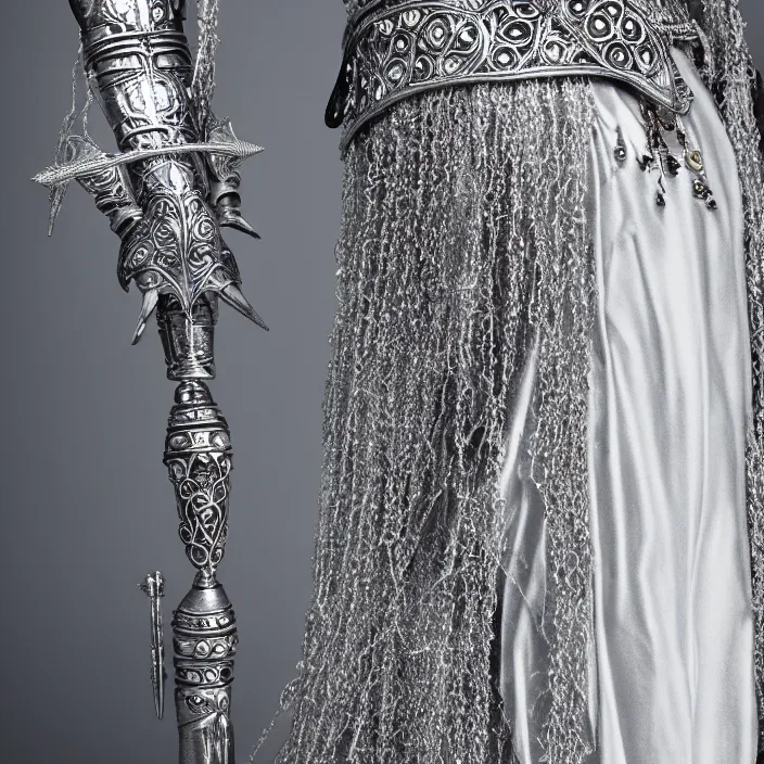 Prompt: photograph of a real-life beautiful lunar witch with intricate silver robes and staff. Extremely detailed. 8k