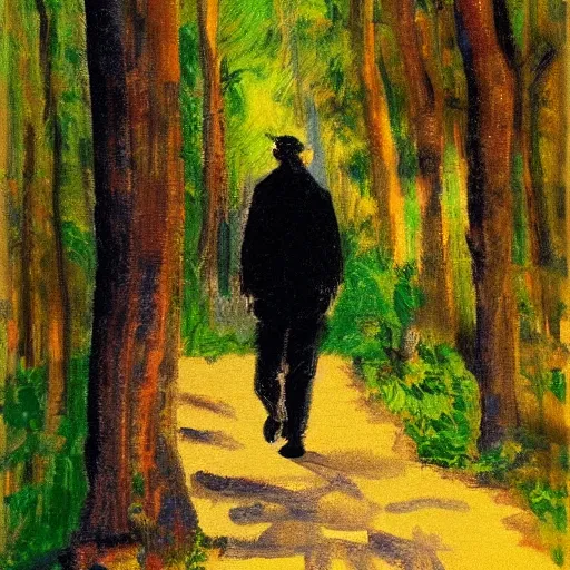 Image similar to A man walking on a path in the woods, he’s holding a flashlight, impressionist art
