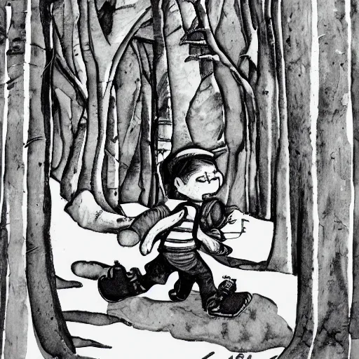 Image similar to mcbess illustration, watercolor, of a little boy with a backpack in a forest