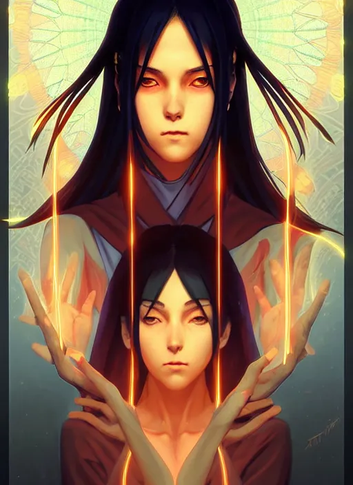 Image similar to symmetry!! itachi, glowing lights!! intricate, elegant, highly detailed, digital painting, artstation, concept art, smooth, sharp focus, illustration, art by artgerm and greg rutkowski and alphonse mucha