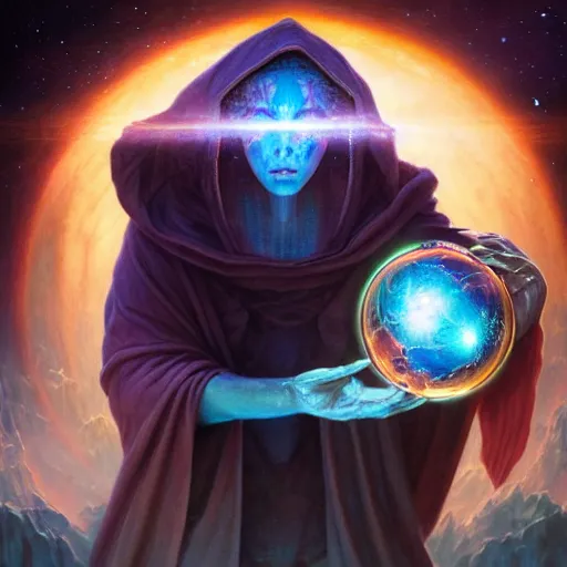 Image similar to the creator of worlds wearing a cloak and holding a holographic planet projection in his hand, detailed, sci - fi, digital painting, artstation, sharp focus, illustration, ominous, artgerm, tomasz alen kopera, peter mohrbacher, donato giancola, joseph christian leyendecker, wlop, frank frazetta