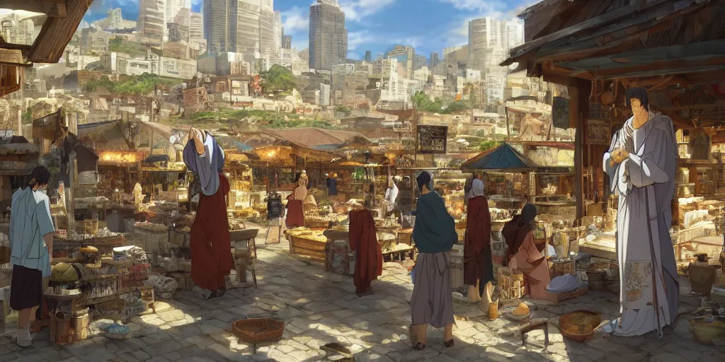 Image similar to biblical marketplace by makoto shinkai