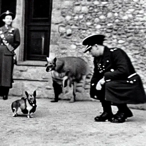 Image similar to ultra wide 1 9 4 6 blurry historical photo of a single german general kneeling, a young queen elizabeth watches him, french village exterior, her brown and white corgis are next to her, highly detailed, sharp focus