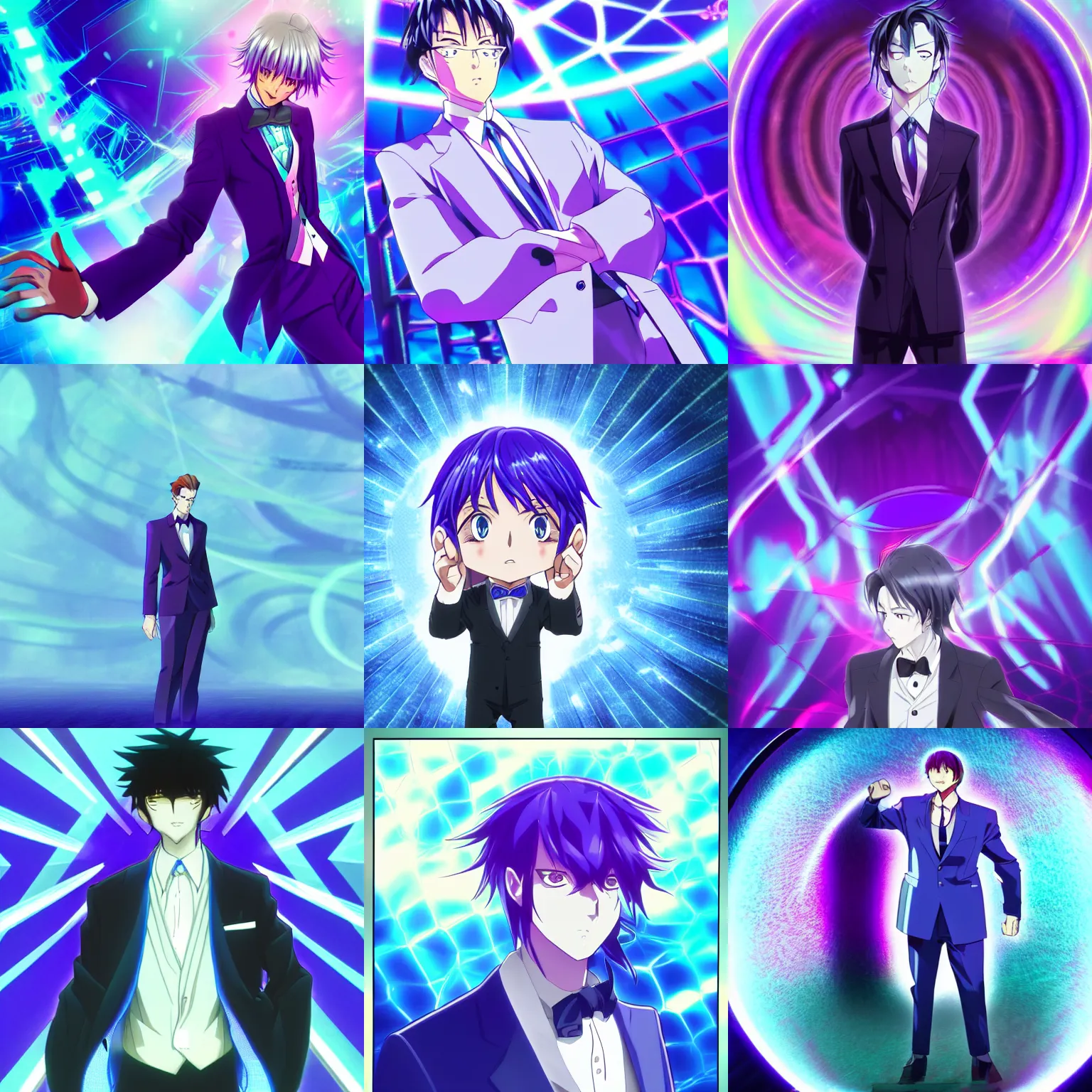 Prompt: a man in a suit standing in front of a blue and purple background, a hologram anime still by baioken eishun, polycount, aestheticism, anime aesthetic, official art.