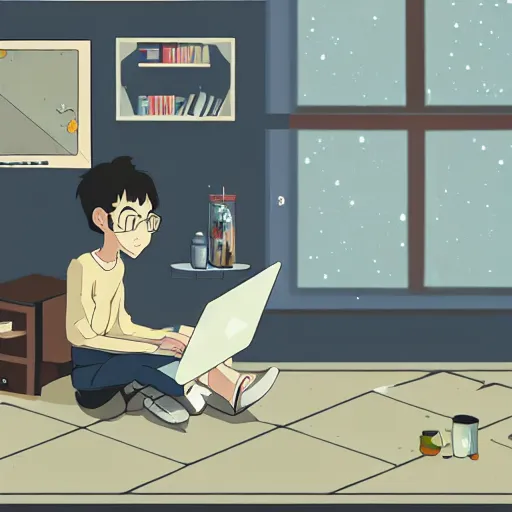 Image similar to a skinny computer nerd guy sitting on the floor of his room, crossed legs, laptop, smartphone, video games, tv, books, potions, jars, shelves, knick knacks, tranquil, star charts, calm, sparkles in the air, magic aesthetic, fantasy aesthetic, faded effect, by Studio Ghibli