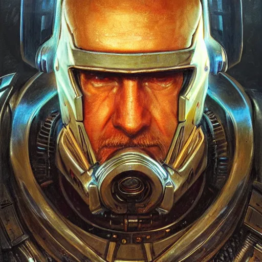 Image similar to the doomslayer as a realistic scifi cyberpunk knight, closeup portrait art by donato giancola and greg rutkowski, vintage retro scifi, realistic face, digital art, trending on artstation, symmetry!!!