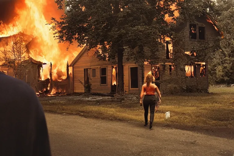 Image similar to Gregory Crewdson full color Photography, A woman walks calmly while her house is on fire