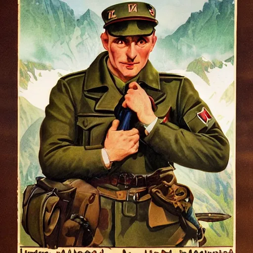 Prompt: highly detailed german ww 2 propaganda!!! nazi poster of german alps, photorealistic, diffuse lighting, hdrp, artstation, unreal 5, smooth, textless, sharp focus, art by john collier, albert aublet, krenz cushart, artem demura, alphonse mucha