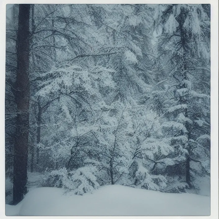 Prompt: atmospheric polaroid photo of a snowy taiga growing in an office building