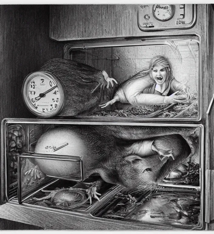 Image similar to woman puts a big rat in the oven 90s by Laurie Lipton, high detailed, realistic,dark surrealism, hyper detailed