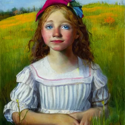 Image similar to young blonde pioneer girl in a meadow, portrait, oil