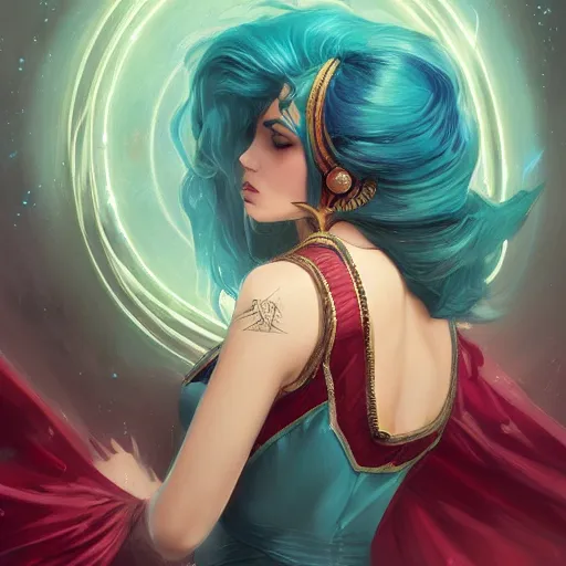 Image similar to a beautiful tarot card of sona with teal colored hair with deep red highlights, female, league of legends, space fantasy, in the style of magic the gathering, intricate, elegant, highly detailed, digital painting, artstation, concept art, matte, sharp focus, illustration, art by greg rutkowski and alphonse mucha