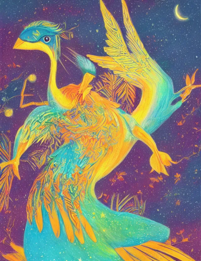 Image similar to bird god of song and starlight. this pastel painting by the beloved children's book illustrator has interesting color contrasts, plenty of details and impeccable lighting.