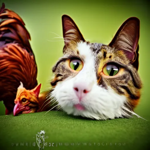 Image similar to a chicken - cat - hybrid, animal photography