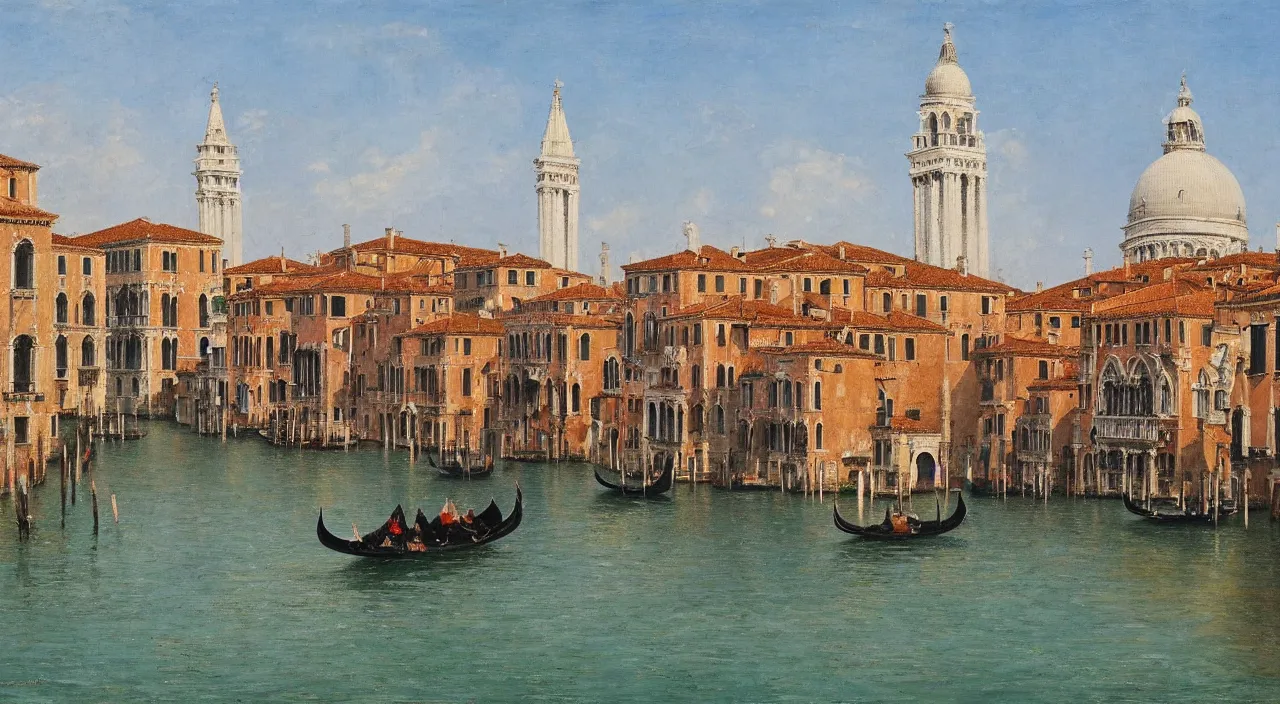 Prompt: a serene landscape of venice, green river, on the bank is the domed church, by joan marti aragones