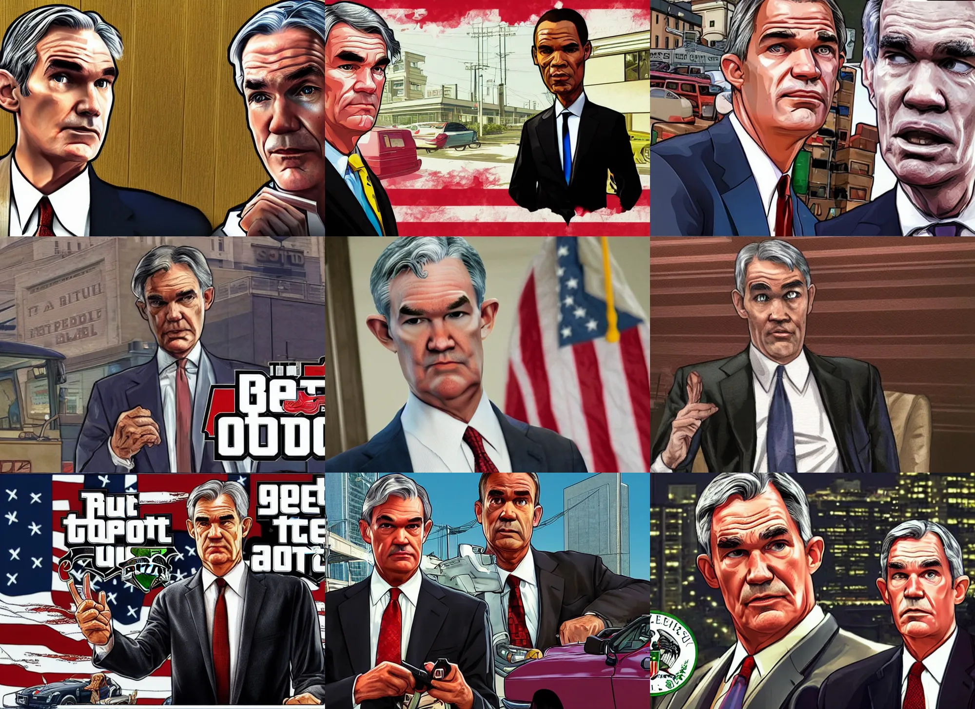 Prompt: jerome powell in gta 5 cover art