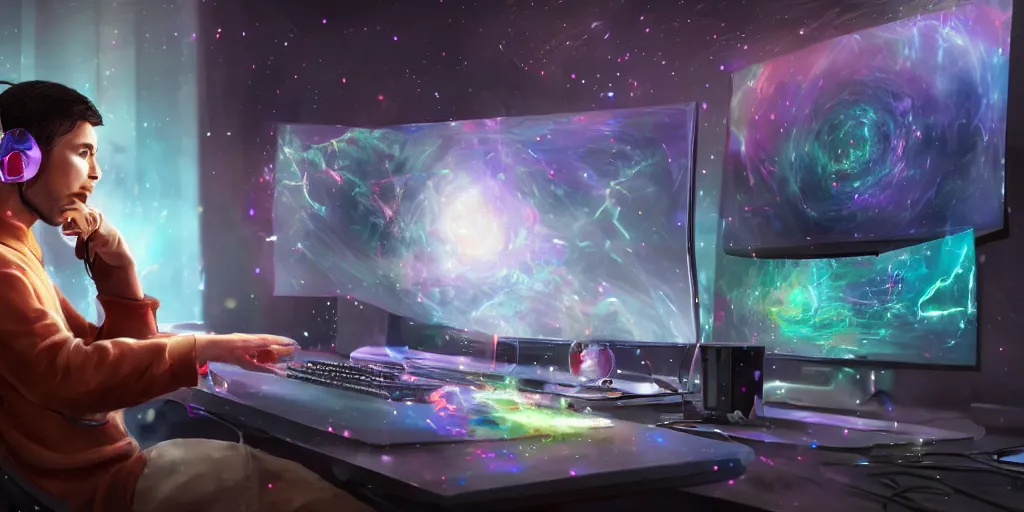 Image similar to a young mage creating a universe in his PC, a male mage in his 20s with black hair wearing headphones sitting in front of wide monitor, hands on a keyboard. hyperrealistic, extremely detailed, award-winning art, trending on Artstation