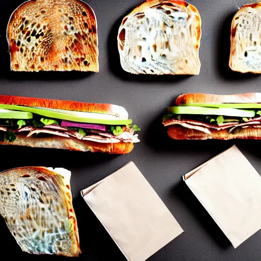 Prompt: A sandwich consisting of ten 7 inch vinyl records in between two pieces of ciabatta bread, award-winning photo