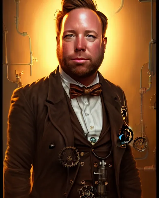 Image similar to steampunk portrait of infowars's alex jones, au naturel, hyper detailed, digital art, trending in artstation, cinematic lighting, studio quality, smooth render, unreal engine 5 rendered, octane rendered, art style by klimt and nixeu and ian sprigger and wlop and krenz cushart.