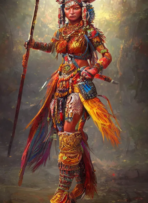 Image similar to detailed full body concept art illustration colorful oil painting of an ancient warrior goddess in full intricate colorful clothing, ultra detailed, digital art, octane render, 4k