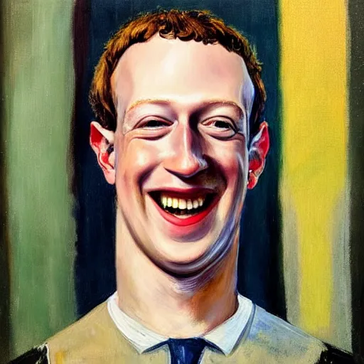 Prompt: “a deliriously happy king mark zuckerberg, portrait oil painting by Otto Dix, oil on canvas (1921)”