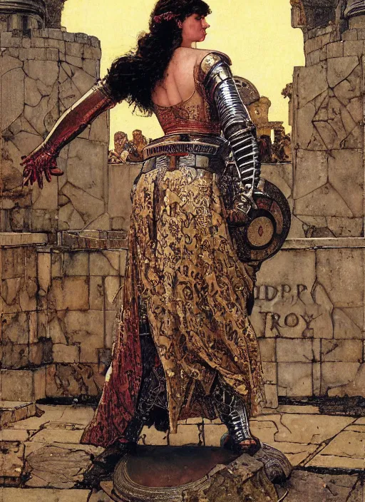 Image similar to portrait of helen of troy in armour outside the city walls, by lawrence alma tadema and rick berry and norman rockwell and greg staples and jack kirby