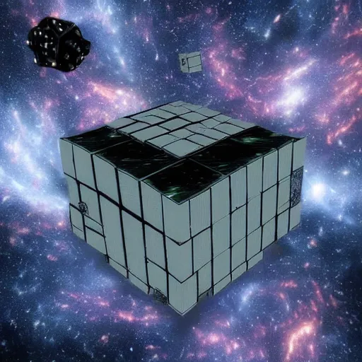 Prompt: very detailed borg cube flying through outer space leaving nothing but terror in it\'s wake