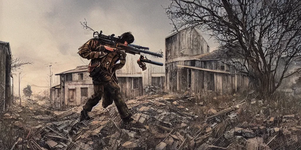 Image similar to beautiful tense illustration of an apocalyptic scene, a man wearing a sniper rifle sneaking through an abandoned rural modern village, stephen king atmosphere, 1 9 8 0 s japanese illustrator art, award winning