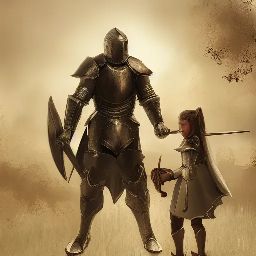 Prompt: knight with shield protecting little girl, picture by leonardo davinchi, artstation, higly detailed, amazing, majestic, artstation featured