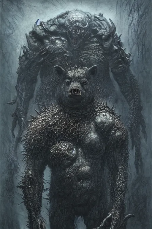 Prompt: portrait of man - bear - pig hybrid by hr giger, greg rutkowski, zdzislaw beksinski, luis royo and wayne barlowe as a diablo, resident evil, dark souls, bloodborne monster