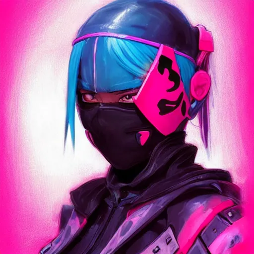 Image similar to stylized ninja - cyberpunk girl, wearing techwear and armor, in the colors hot pink and cyan, beautiful realistic face, highly detailed, digital painting, artstation, concept art, smooth, sharp focus, illustration, art by artgerm, by greg rutkowski, by jeremy mann, by francoise nielly, by kunio okawara,