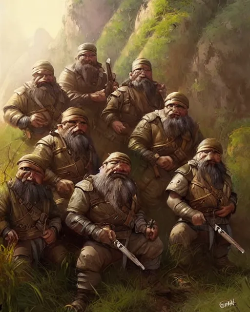 Image similar to dwarf soldiers in vietnam | | realistic shaded, fine details, realistic shaded lighting painting by greg rutkowski, diego gisbert llorens, magali villeneuve, artgerm, jeremy lipkin, michael garmash, rob rey