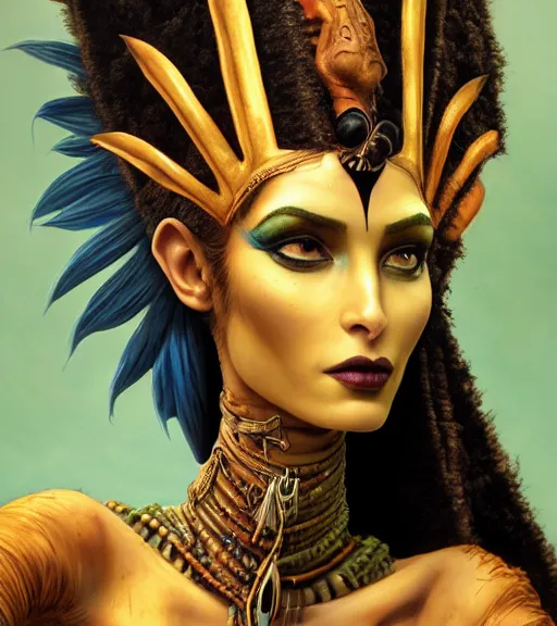 Prompt: an epic fantasy comic book style portrait painting of a very beautiful industrial goth nefertiti dryad as neytiri na'vi from avatar, character design by mark ryden and pixar and hayao miyazaki, unreal 5, daz, hyperrealistic, octane render, cosplay, rpg portrait, dynamic lighting, intricate detail, harvest fall vibrancy, cinematic