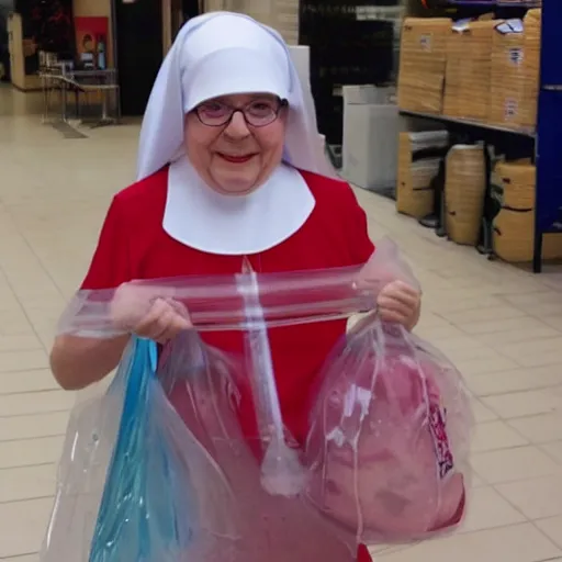 Prompt: sister mary claerance swimming in a zip lock bag